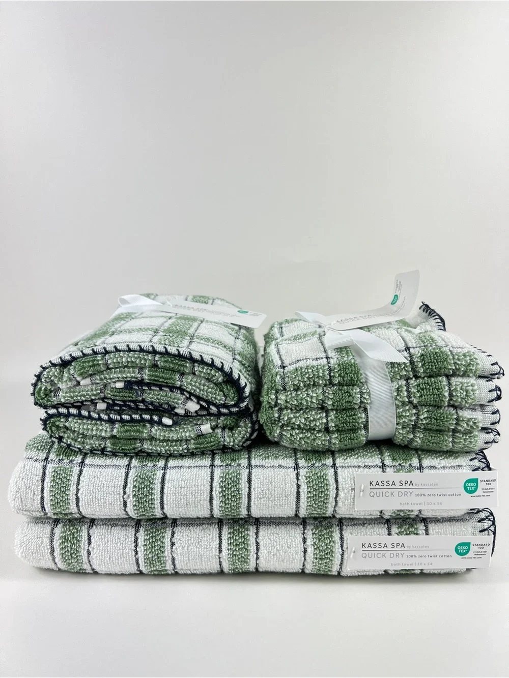 Kassa Spa Kassatex Bath Towel Set Green White Black Stripe Soft Cotton 8 Pc NEW